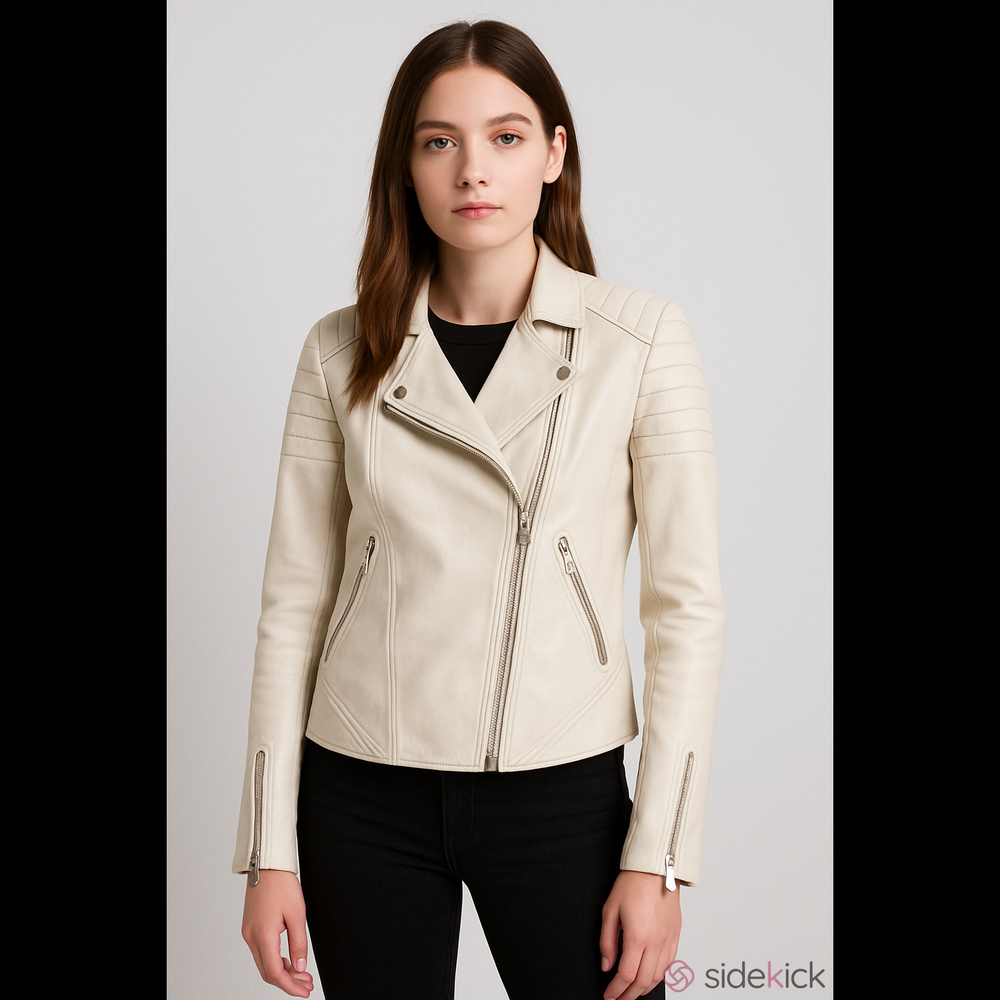 Andrew Marc x Richard Chai Women’s Moto Soft Leather Jacket Large Neutral EUC